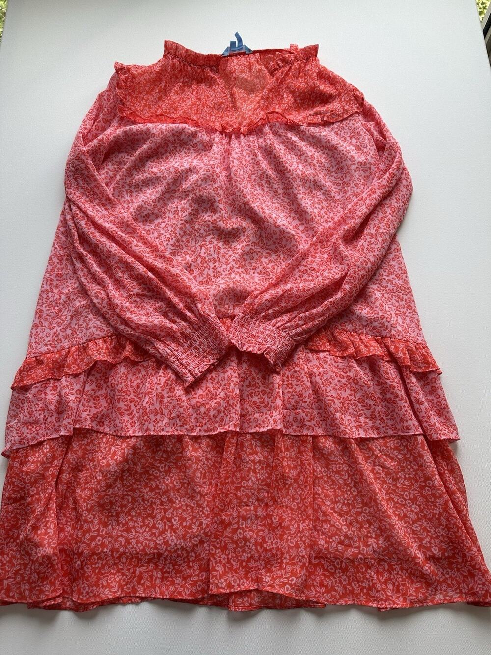 Draper James Women's Large Pink Red Floral Tiered Ruffle Long Sleeve Dress